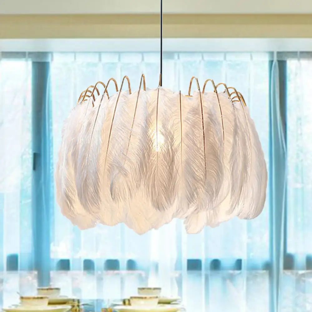 Feather & Metal Drum Pendant Light In White For Adult Bedroom - Romantic Suspension Lighting / 19.5’