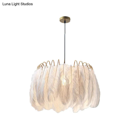 Feather & Metal Drum Pendant Light In White For Adult Bedroom - Romantic Suspension Lighting