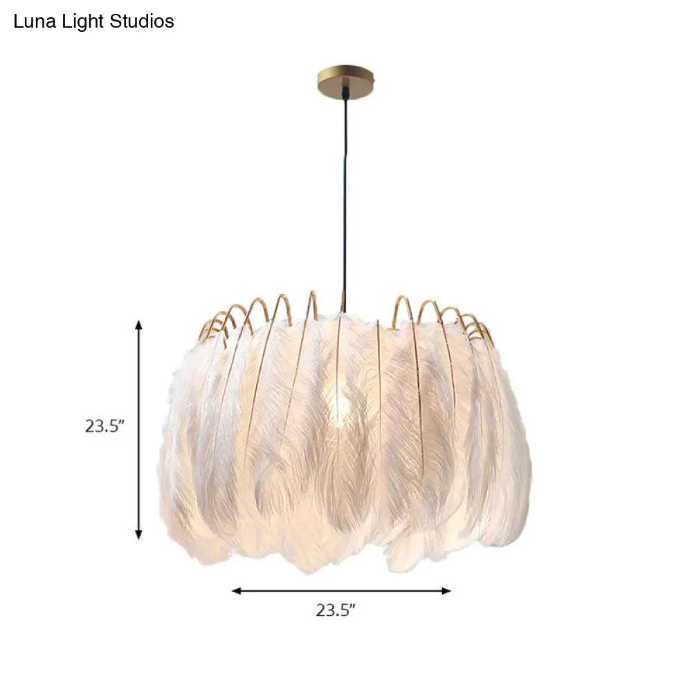 Romantic Feather & Metal Pendant Light For Adult Bedroom White 1-Light Drum Suspension