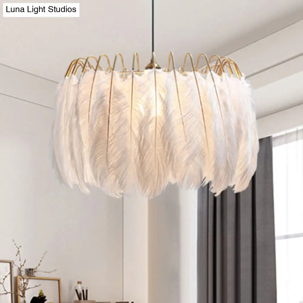 Feather & Metal Drum Pendant Light In White For Adult Bedroom - Romantic Suspension Lighting