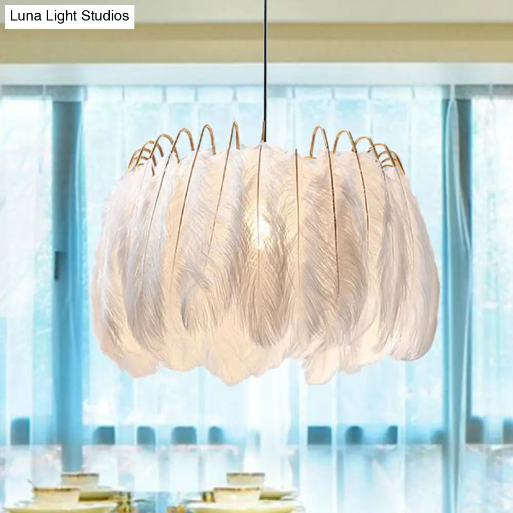 Romantic Feather & Metal Pendant Light For Adult Bedroom White 1-Light Drum Suspension / 19.5