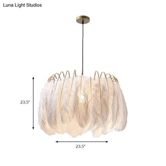 Feather & Metal Drum Pendant Light In White For Adult Bedroom - Romantic Suspension Lighting