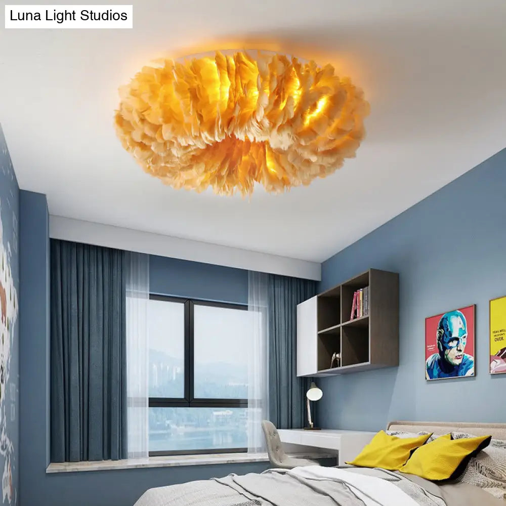 Feather Modernist Donut Flush Ceiling Light - Chic Girls Room Lighting Fixture Yellow / 16