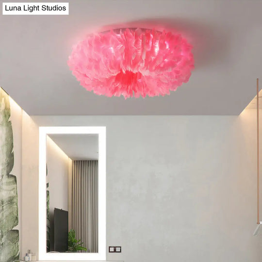 Feather Modernist Donut Flush Ceiling Light - Chic Girls Room Lighting Fixture Pink / 16