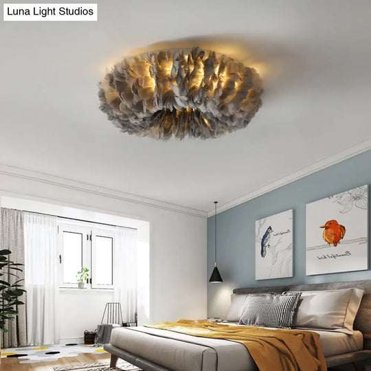 Feather Modernist Donut Flush Ceiling Light - Chic Girls Room Lighting Fixture Grey / 16
