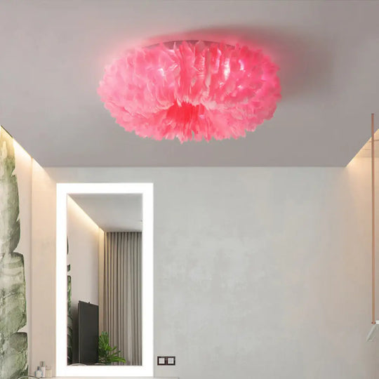 Feather Modernist Donut Flush Ceiling Light - Chic Girls Room Lighting Fixture Pink / 16’