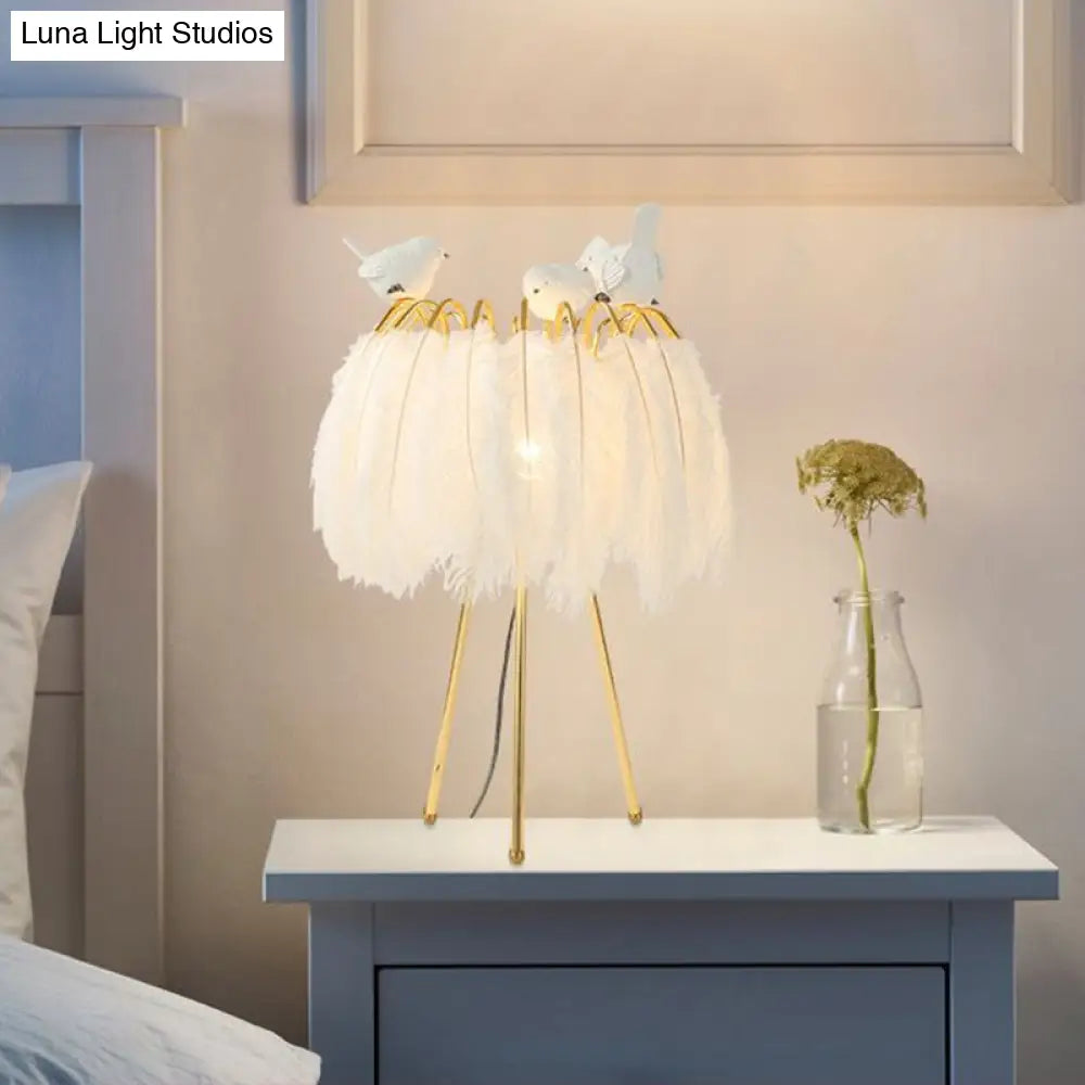 Feather Night Light: Elegant 1-Light Gold Table Lamp With Tripod Stand