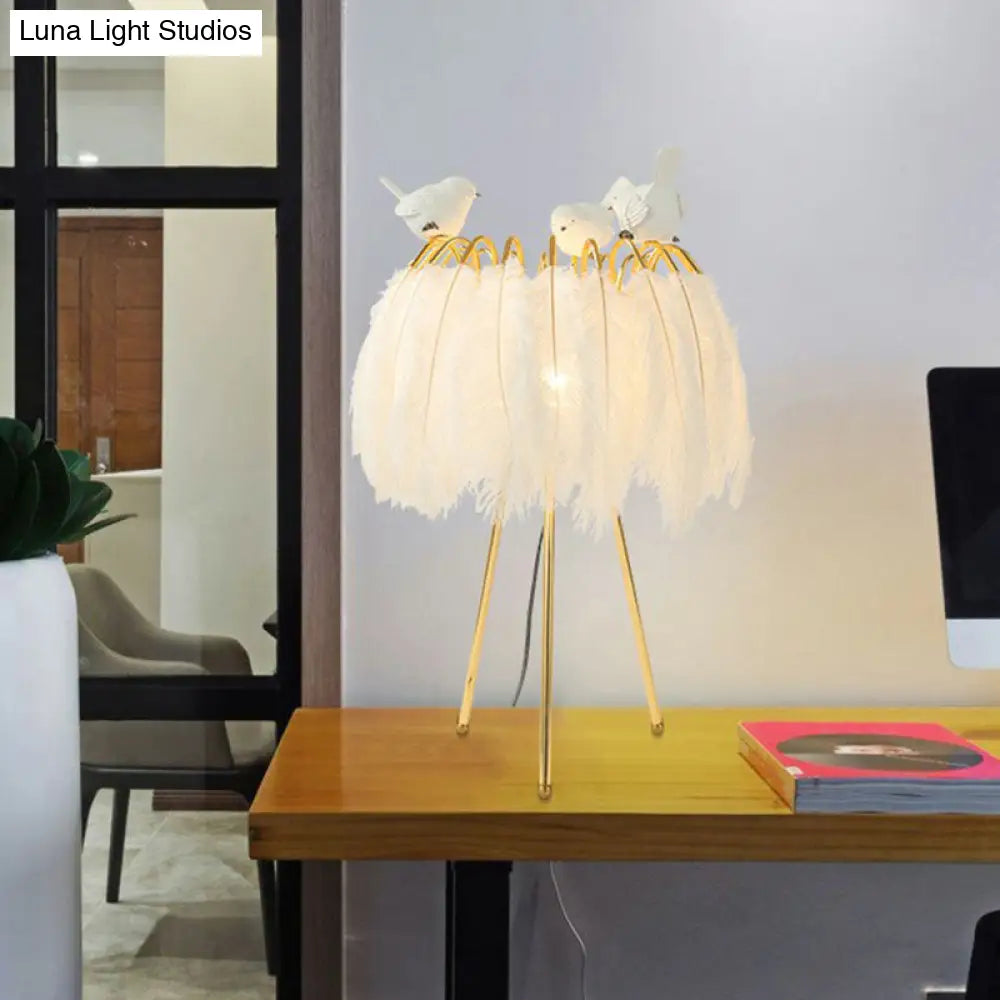 Feather Night Light: Elegant 1-Light Gold Table Lamp With Tripod Stand