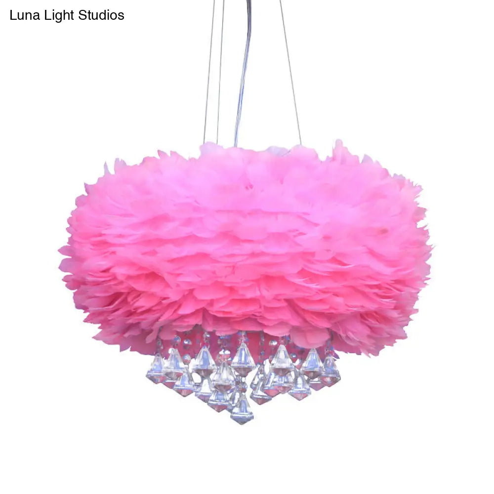 Feather Pendant Light - Modern Round Pink Ceiling Fixture With Crystal Drop 1 Bulb