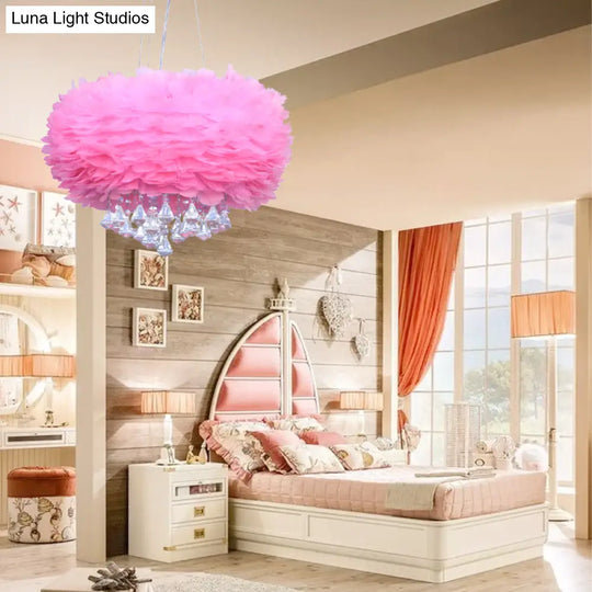 Feather Pendant Light With Crystal Drop - Pink Modern Design 1 Bulb Ceiling-Hanging’