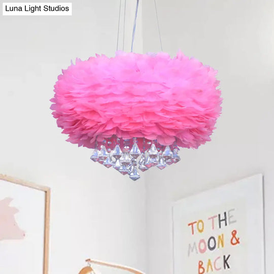 Feather Pendant Light - Modern Round Pink Ceiling Fixture With Crystal Drop 1 Bulb