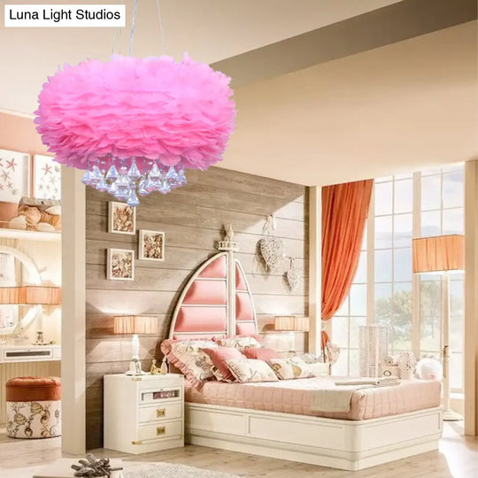 Feather Pendant Light - Modern Round Pink Ceiling Fixture With Crystal Drop 1 Bulb