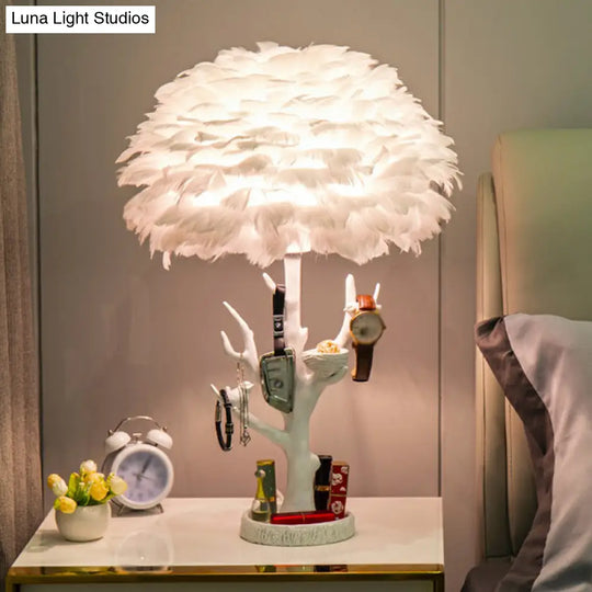 Feather Shade Resin Table Lamp: Artistic Tree Branch Design Ideal For Living Room Nightstands White