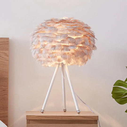 Feather Shade Tripod Table Lamp: Metal Single-Bulb Nightstand Lighting For Contemporary Girls