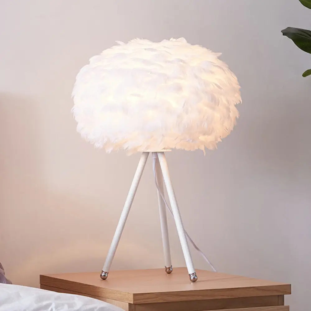 Feather Shade Tripod Table Lamp: Metal Single-Bulb Nightstand Lighting For Contemporary Girls