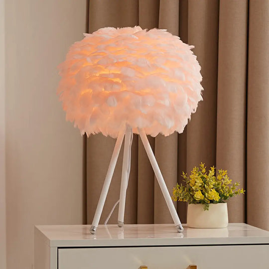 Feather Shade Tripod Table Lamp: Metal Single-Bulb Nightstand Lighting For Contemporary Girls