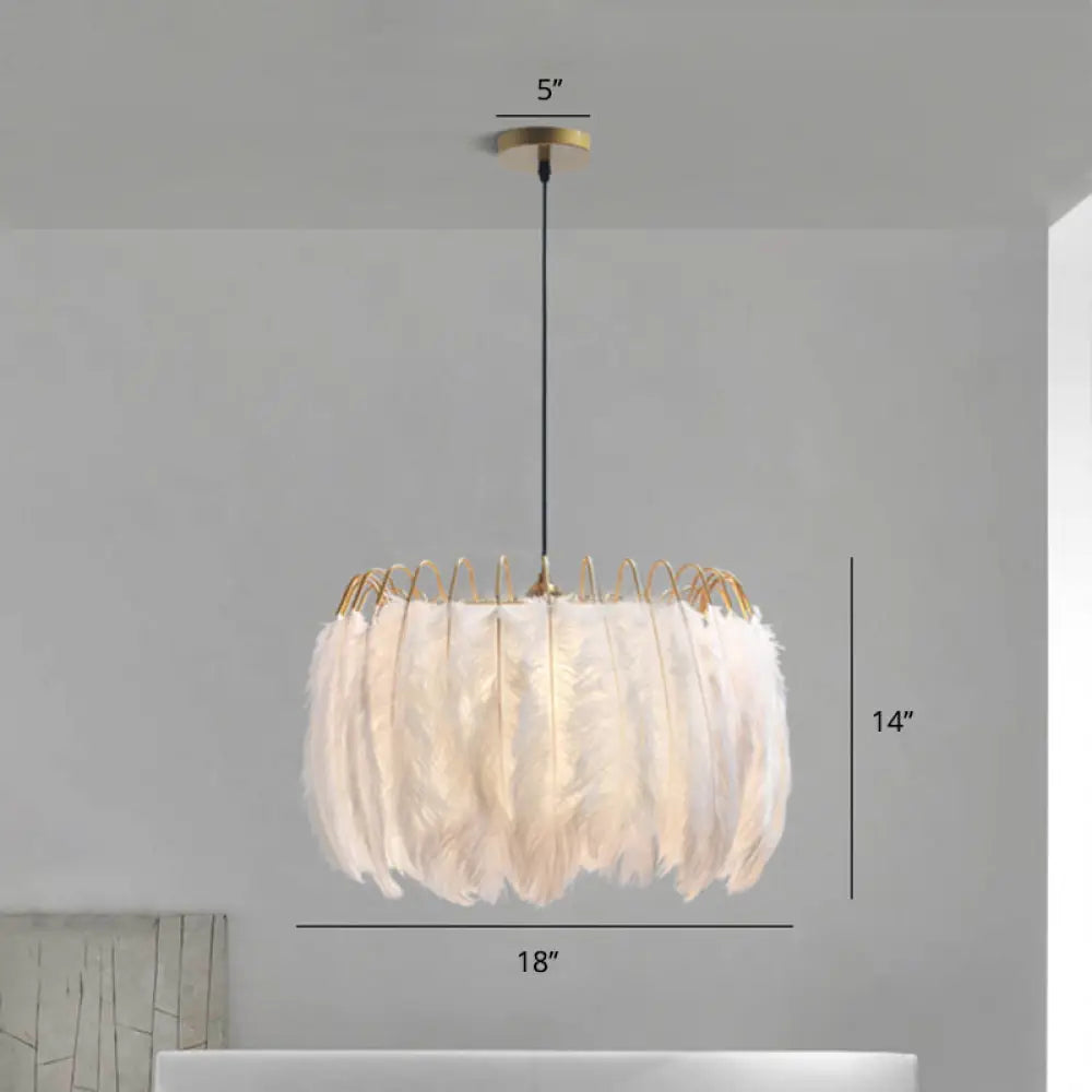 Feather White Bedroom Chandelier: Round Postmodern Hanging Lamp / 18’