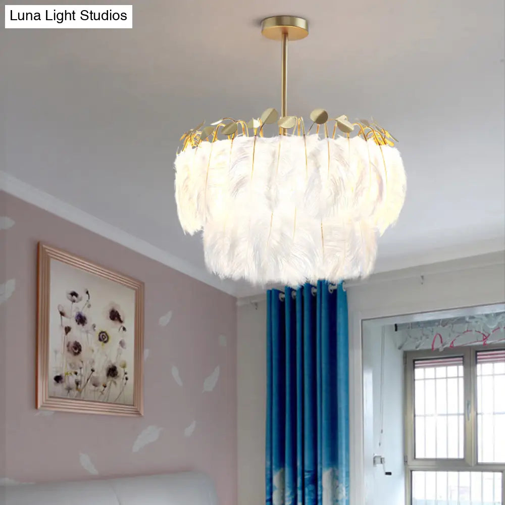 Feather White Bedroom Chandelier: Round Postmodern Hanging Lamp