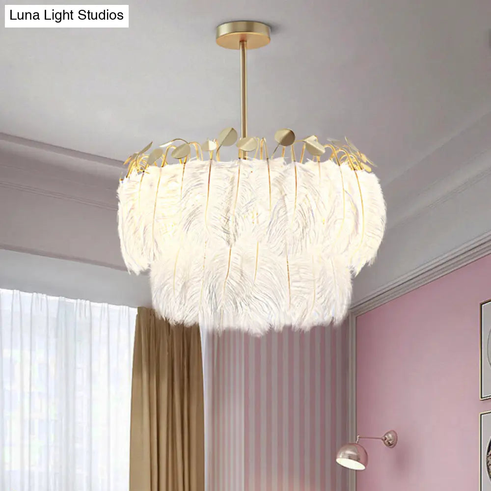 Feather White Round Chandelier Light Fixture - Elegant Postmodern Hanging Lamp For Bedrooms