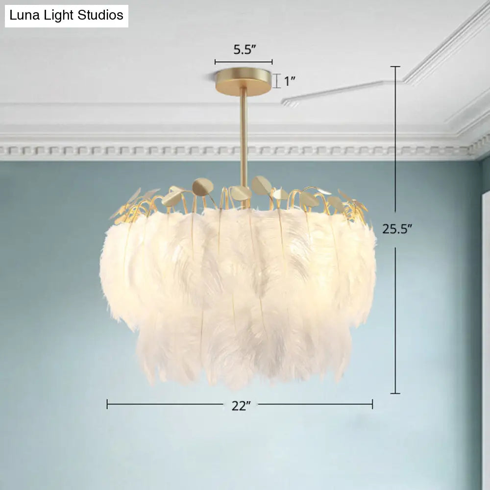 Feather White Round Chandelier Light Fixture - Elegant Postmodern Hanging Lamp For Bedrooms / 22