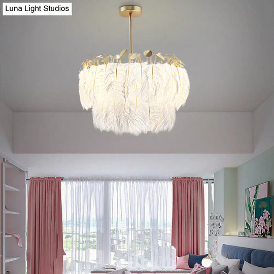 Feather White Bedroom Chandelier: Round Postmodern Hanging Lamp