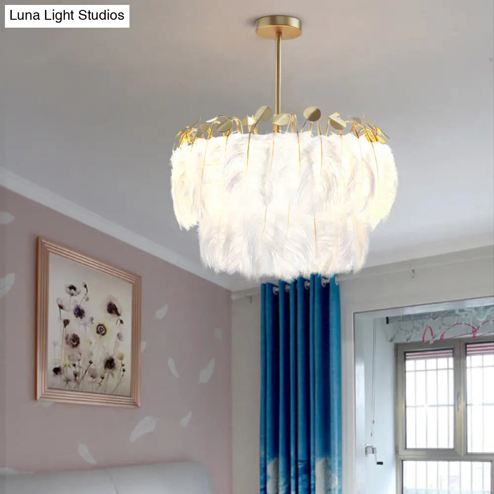 Feather White Round Chandelier Light Fixture - Elegant Postmodern Hanging Lamp For Bedrooms