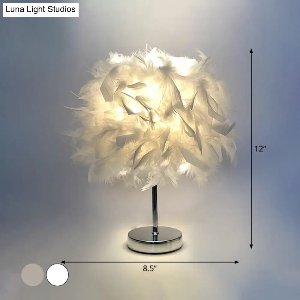 Feathered Ball Table Lamp For Kids Room - 8.5/10 Wide & Simple Design In White/Chrome