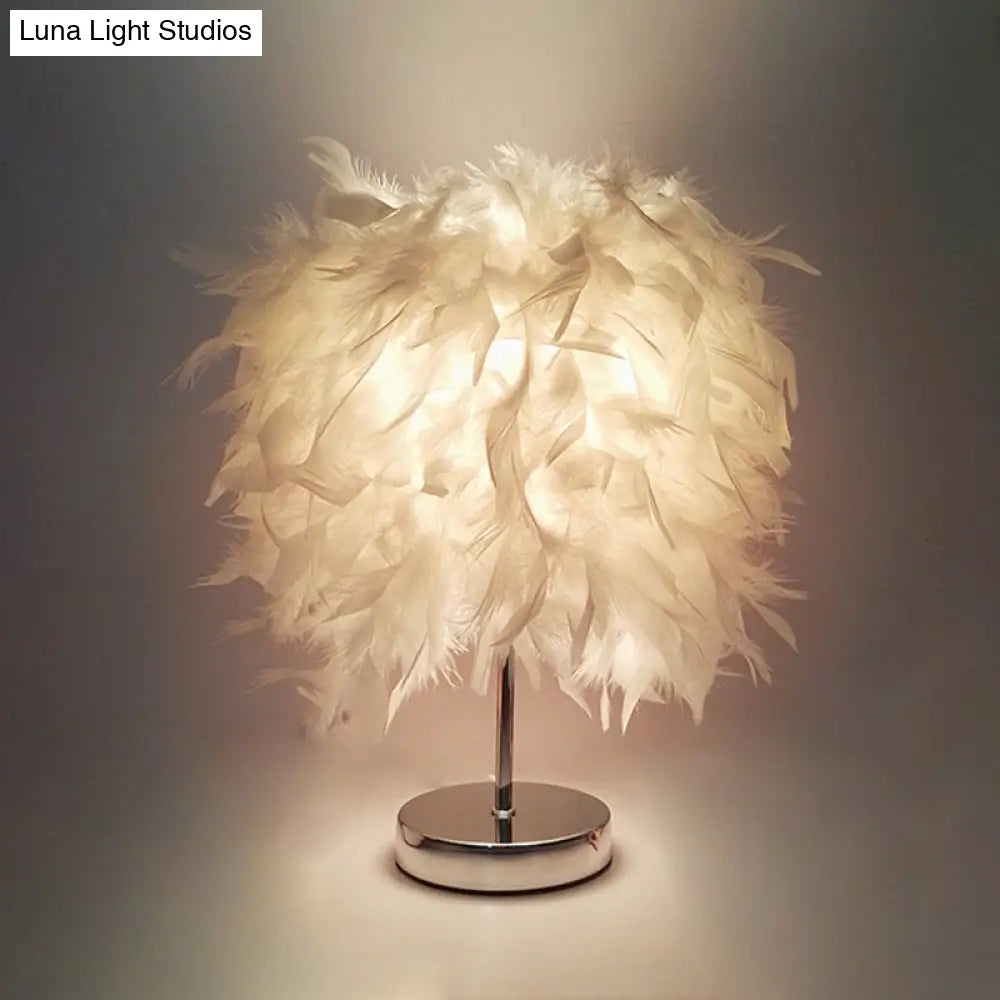 Feathered Ball Table Lamp For Kids Room - 8.5/10 Wide & Simple Design In White/Chrome