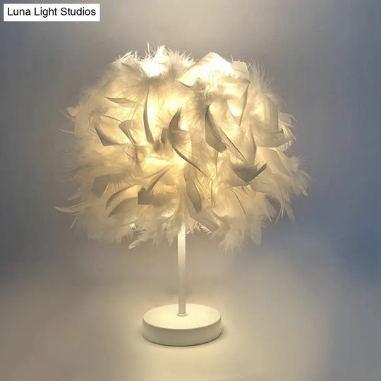 Feathered Ball Table Lamp For Kids Room - 8.5/10 Wide & Simple Design In White/Chrome