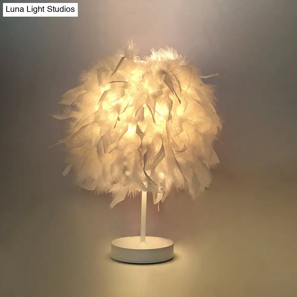 Feathered Ball Table Lamp For Kids Room - 8.5/10 Wide & Simple Design In White/Chrome