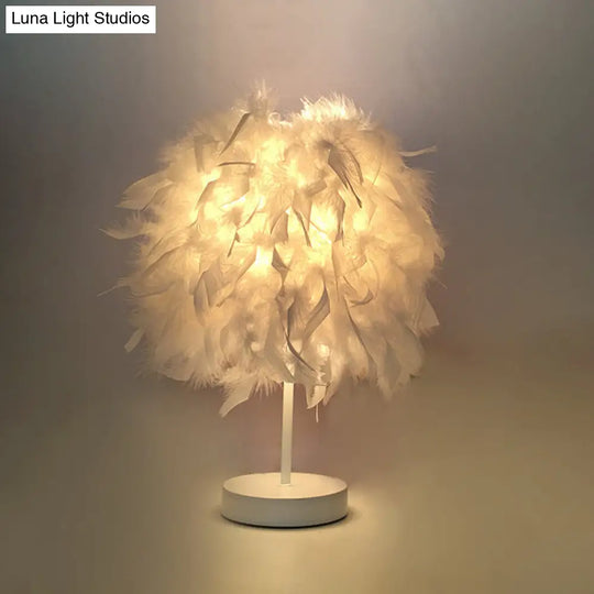 Feathered Ball Table Lamp For Kids Room - 8.5/10 Wide & Simple Design In White/Chrome