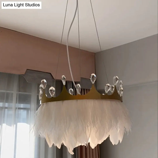 Feathered Crown Child Room Chandelier: Minimalist Pendant Lamp In White With Crystal Accents