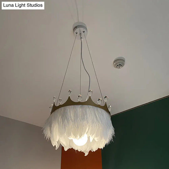 Feathered Crown Child Room Chandelier: Minimalist Pendant Lamp In White With Crystal Accents