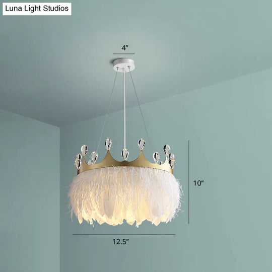 Minimalist Crown Child Room Chandelier With Crystal Accents - White Feather Lamp Pendant