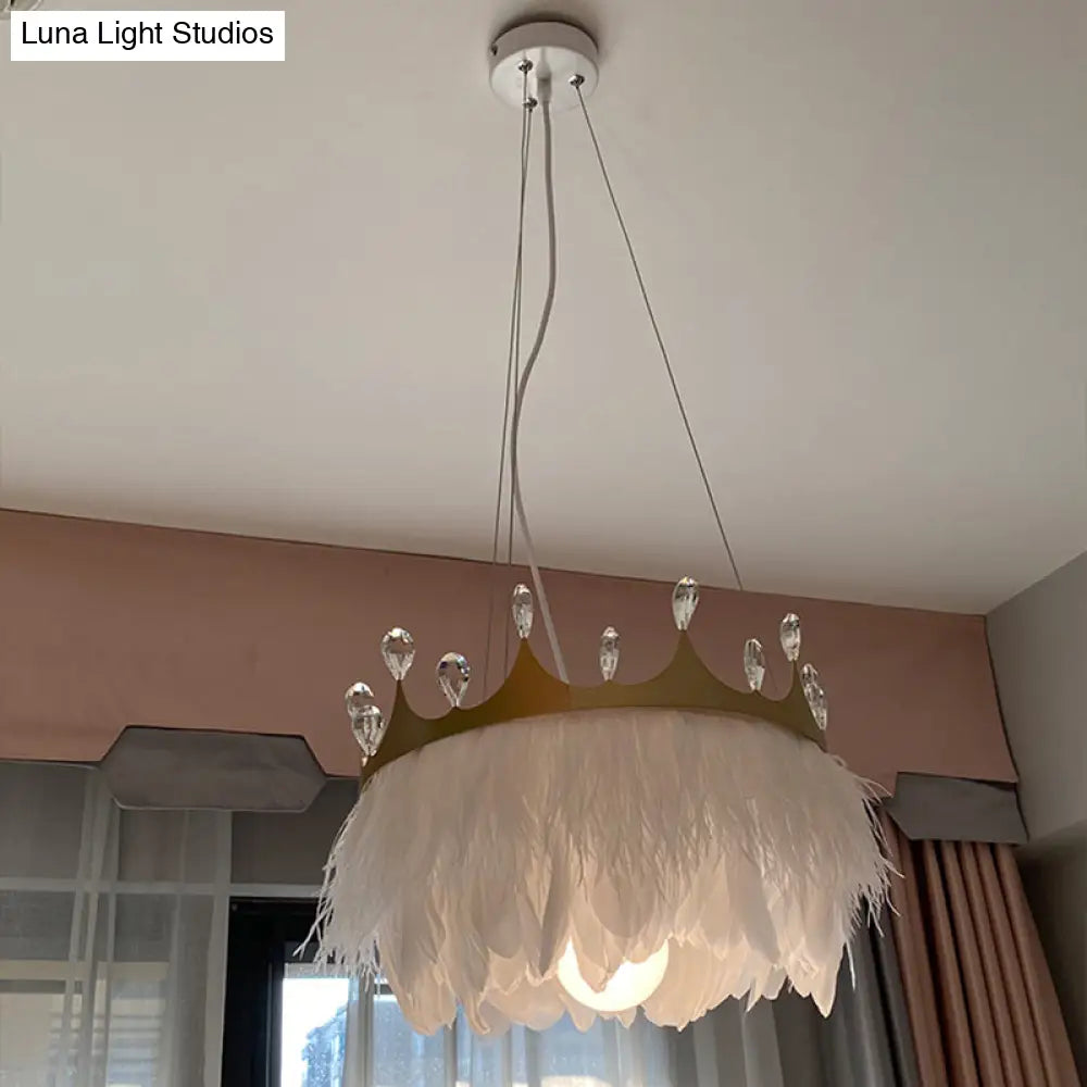 Minimalist Crown Child Room Chandelier With Crystal Accents - White Feather Lamp Pendant