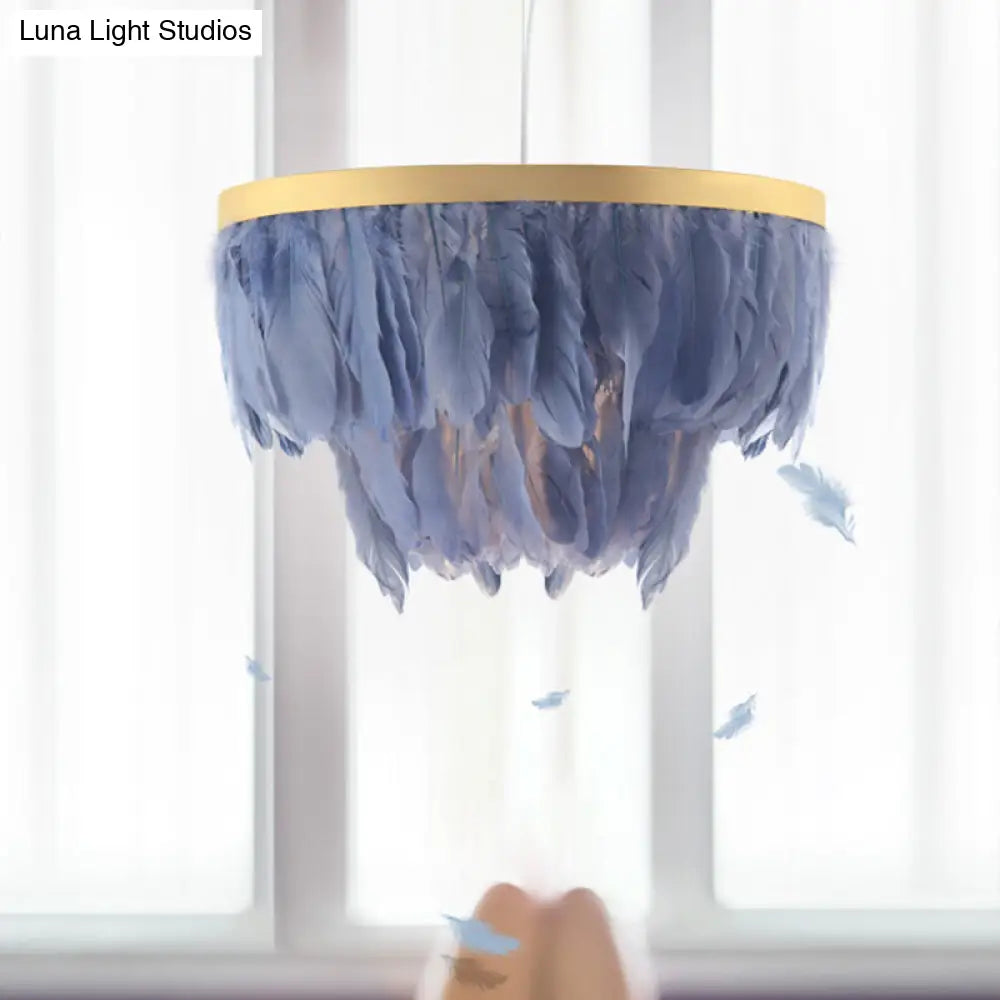 Layered Hanging Light Kit: Feathered Pendant In White/Blue For Dining Room Blue