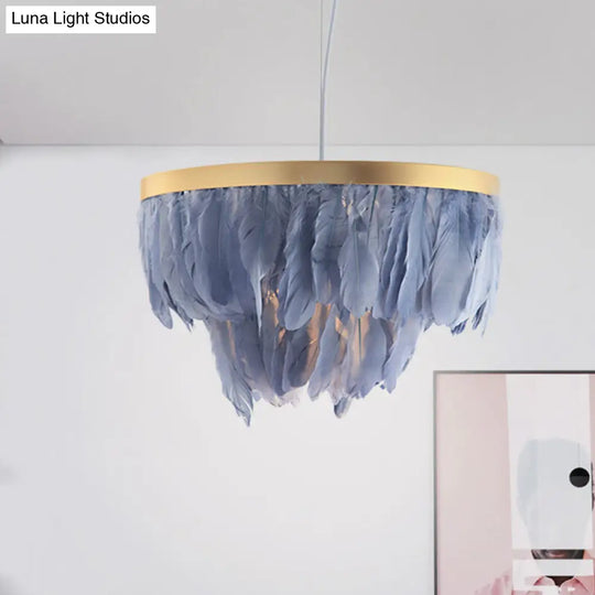 Layered Hanging Light Kit: Feathered Pendant In White/Blue For Dining Room