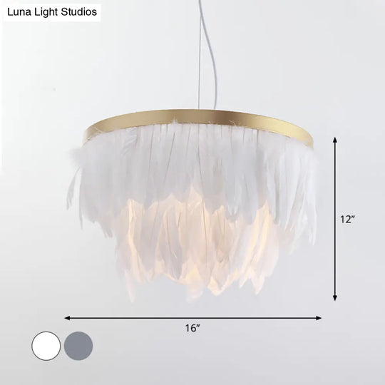 Layered Hanging Light Kit: Feathered Pendant In White/Blue For Dining Room