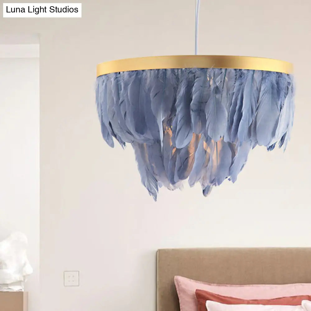 Layered Hanging Light Kit: Feathered Pendant In White/Blue For Dining Room