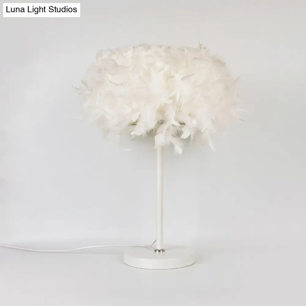 Feathered Round Nightstand Lamp - Single-Bulb Simplicity For Girls Bedside Table