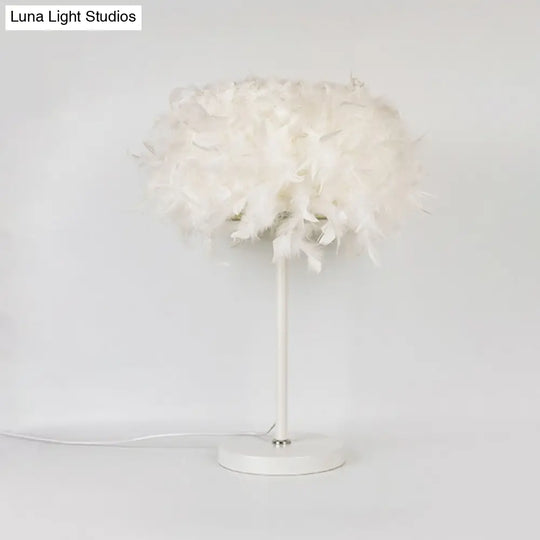 Feathered Round Nightstand Lamp - Single-Bulb Simplicity For Girls Bedside Table