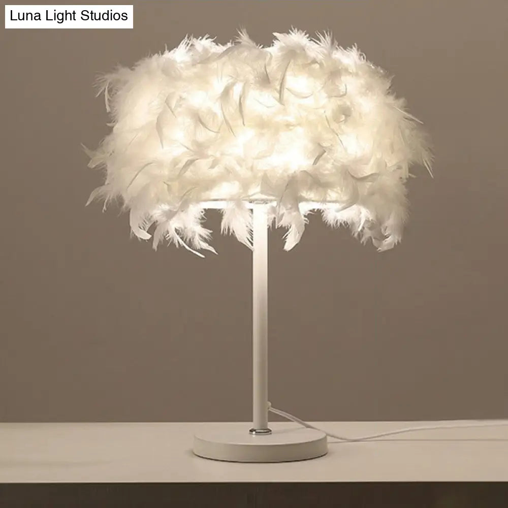 Feathered Round Nightstand Lamp - Single-Bulb Simplicity For Girls Bedside Table