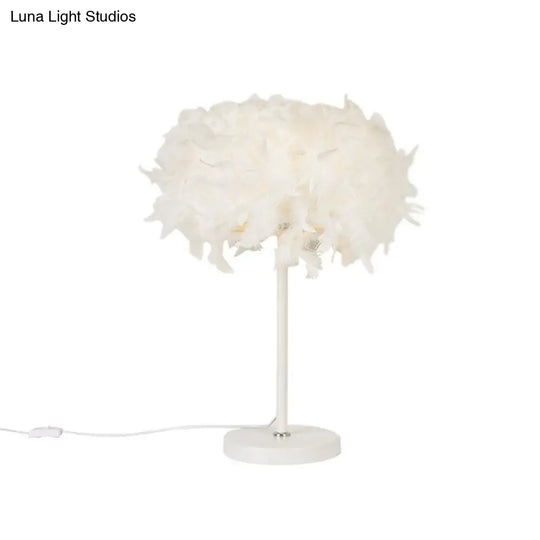 Feathered Round Nightstand Lamp - Single-Bulb Simplicity For Girls Bedside Table