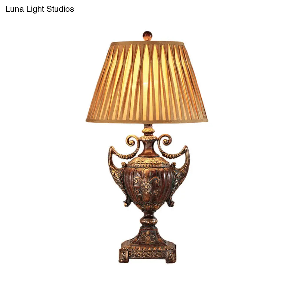 Traditional Pleated Conical Shade Table Lamp - Brown Fabric 1 Bulb Desk Light For Living Room

Note: