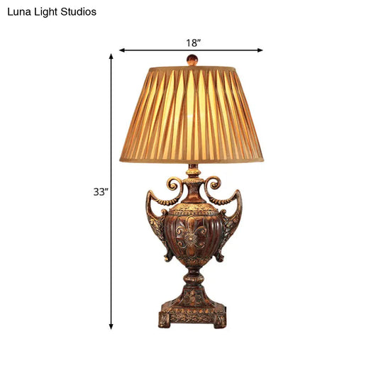 Traditional Pleated Conical Shade Table Lamp - Brown Fabric 1 Bulb Desk Light For Living Room

Note: