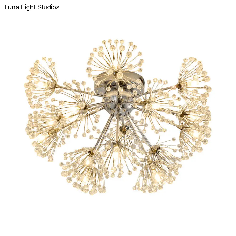 Firework Crystal Bead Ceiling Light - Elegant 9/15 - Bulb Chrome Flush Mount For Dinning Room