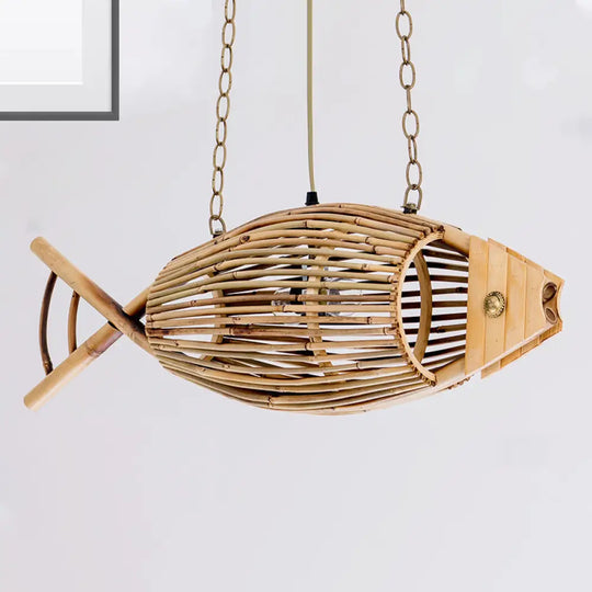 Fish Bamboo Tearoom Ceiling Light: Asian Wood Pendant Fixture With 1 Bulb