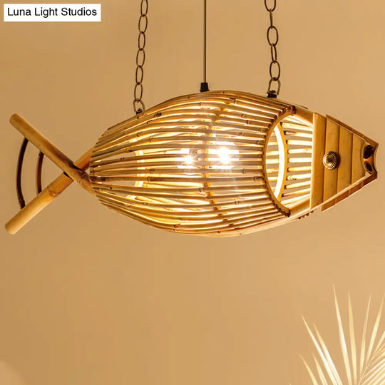 Tearoom Pendant Light Fixture - Asian Wood With Fish Bamboo Shade