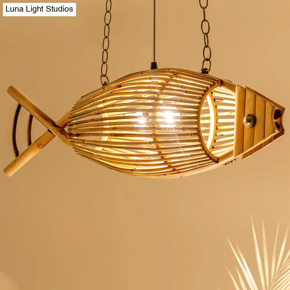 Fish Bamboo Tearoom Ceiling Light: Asian Wood Pendant Fixture With 1 Bulb