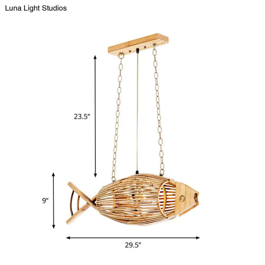 Tearoom Pendant Light Fixture - Asian Wood With Fish Bamboo Shade